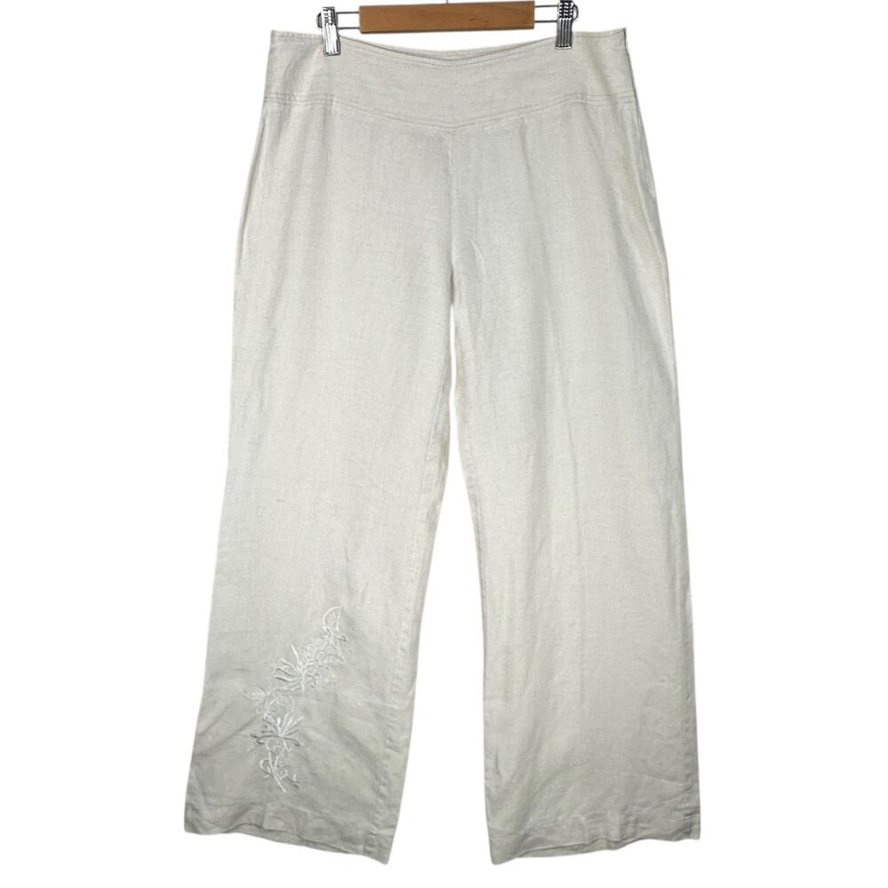 Whitewash Linen Trouser Pants Womens 8 Cream Ivory Wide Leg Embroidered Floral